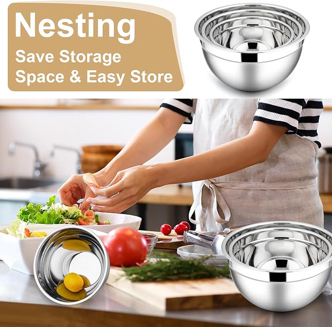 E-far Mixing Bowls with Lids Set, 6-Piece Stainless Steel Salad Bowls | Metal Nesting Cooking Bowls with Airtight Lid for Kitchen Storage, Baking & Prepping, Dishwasher Safe, 1.5/3/4.5 QT, Khaki