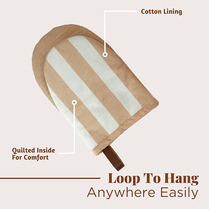 Folkulture Oven Mitts, Striped Cream, Set of 2, Heat Resistant - (5.75"x9") | 100% Cotton, Non Slip, Silicone, Cute Striped Mini Mits with Hanging Loop, Kitchen Décor, Cooking Gifts, New Home Essentials