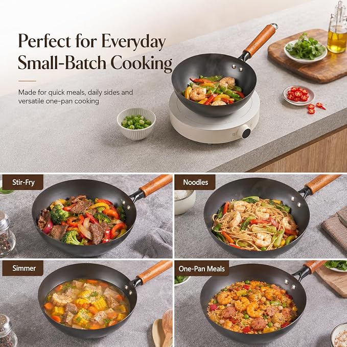 Carbon Steel Wok Pan with Lid, 9.4 Inch Deep Flat Bottom Wok, Coating-Free Carbon Steel Pan for Stir Fry, Soup, Noodles, Braising & Boiling, Small Induction Wok with Wooden Handle