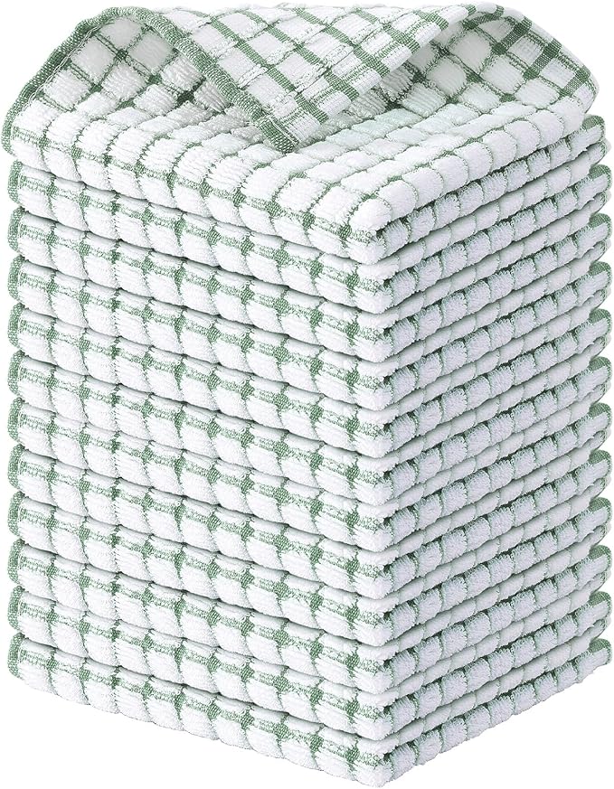 Kitinjoy Cotton 12 Pack Terry Kitchen Dish Cloths, Grass Green | 12 x 12 Inches Super Soft and Absorbent Dish Rags, Quick Drying Dish towels for Washing Dishes