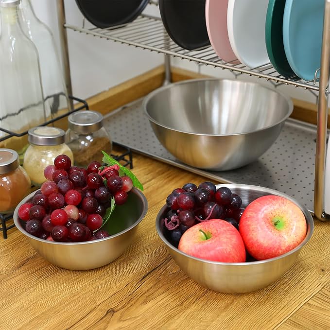 Stainless Steel Mixing Bowls 3 Packs Nesting Baking Supplies Small Thicker Stainless Steel Flat Bottom Stackable Salad Bowl Mixing Bowls Set for Cooking, Baking, Salad,Serving(1000/1500/2000ml)