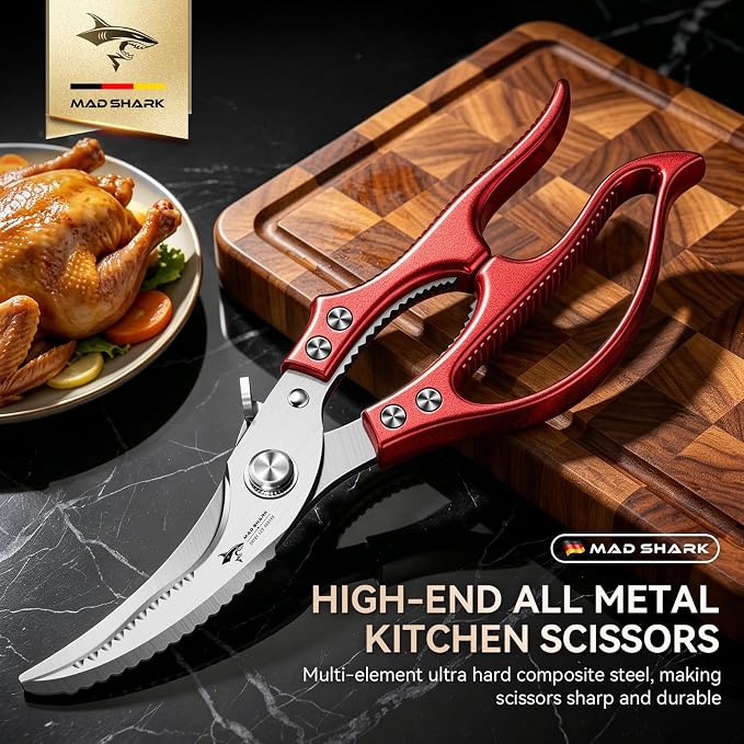 MAD SHARK Heavy Duty Poultry Shears,Spring Loaded Butterfly Meat Scissors | Non-Slip Handle Kitchen Shears, Safety Lock, All Purpose Kitchen Scissors for Chicken, Meat Cutting, Turkey, Fish, Vegetables