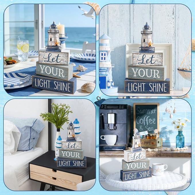 Lineshading 4 Pcs Lighthouse Coastal Decor Wooden Block Signs Rustic | Bathroom Tabletop Decoration for Home, Lighthouse Topper Tiered Display, Let Your Light Shine Phrase Wood Stacking Blocks