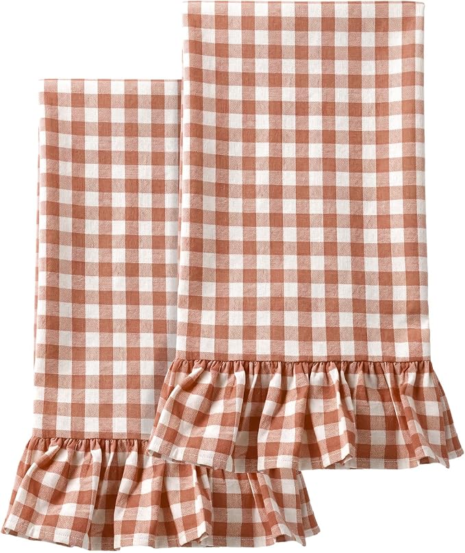 HunnmingRe 2 Pcs Orange Gingham Kitchen Towels Cotton Ruffled | Checked Dish Towels 18"x28" Tea Cloths Plaid Cottage Core Kitchen Decor for Farmhouse Charm Drying Dishes Entertaining Guests