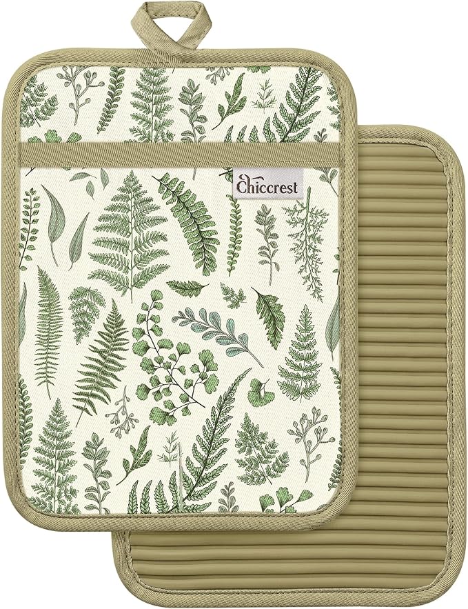 100% Thick Cotton Pot Holders Ribbed Soft Silicone Natural Leaf | Stylish Pot Holders with Pockets, Ribbed Soft Silicone, Machine Washable Non-Slip Heat Resistant Hot Pads 2pcs, Kitchen Gift