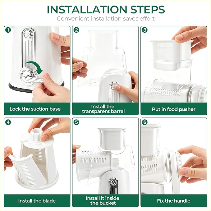SUSTEAS Rotary Cheese Grater 5 Blades,Kitchen Mandoline Vegetable Slicer | White, Easy to Clean, Strong Suction Base, 5 Blades Storage Box, Round Mandoline Slicer & Food Chopper for Salad
