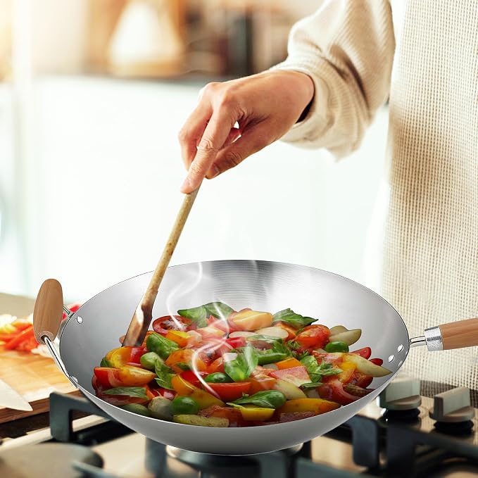Helen's Asian Kitchen Carbon Steel Wok, 14-Inch, Flat Bottom Stir Fry Pan