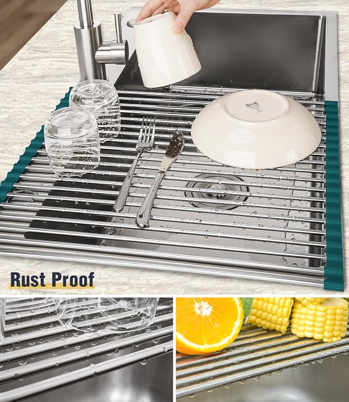 Tomorotec Roll Up Dish Drying Rack Over Sink, 304 Steel,21x15.5,Dark Green | Anti-Slip Silicone Rims For Grip, Heat-Resistant Trivet Mat Holding Heavy Cookware, Rustproof Kitchen Counter Space Saver
