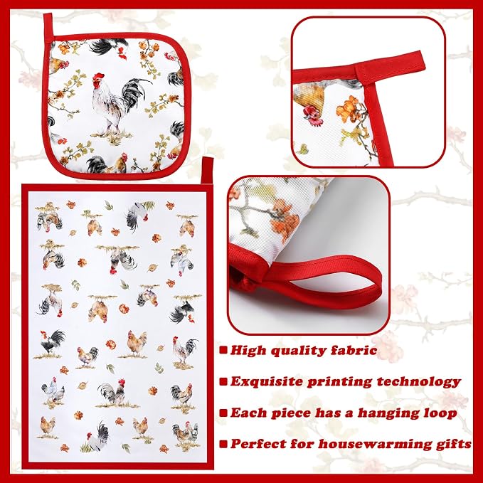 Bencailor 6 Pcs Rooster Kitchen Towels Pot Holders and Oven Mitts Set Soft Cotton Linen Dish Towel Heat Resistant Oven Mitts for Summer Kitchen Decor Cooking Baking Grilling