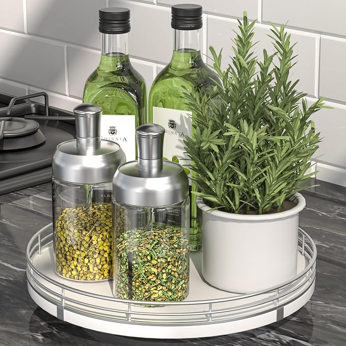 Oroyutor 9-Inch Oak Lazy Susan Spice Organizer with Silver Metal Rail | Rotating oak tray organizes spices, toiletries and decor on kitchen counters, bathroom vanities, dining and coffee tables.
