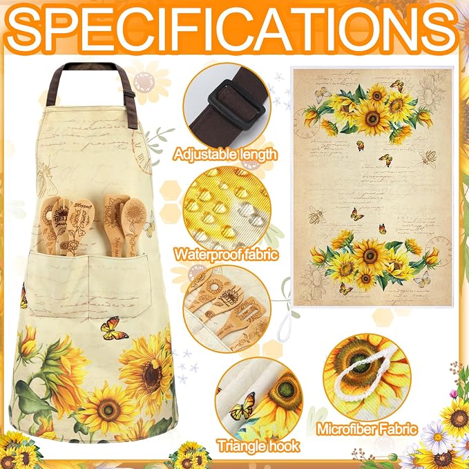 Bencailor 13 Pcs Sunflower Kitchen Set Retro Yellow Farmhouse Kitchen Decor Rustic Sunflower Dish Towels Retro Yellow Apron Oven Mitts and Pot Holders with Cute Wooden Tableware Set for Home