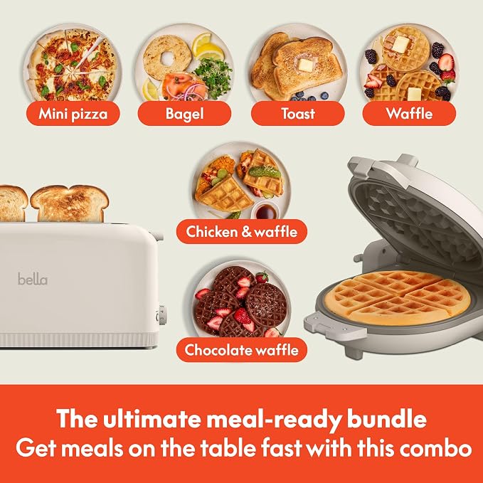 BELLA 2 slice Slim toaster + Flip-n-Store Ceramic Waffle Maker, Fits-anywhere™ Kitchenware, Waffle Iron w with EverGood™ Ceramic Nonstick Coating & Smart Toaster w 6 Shades Control, Oatmilk