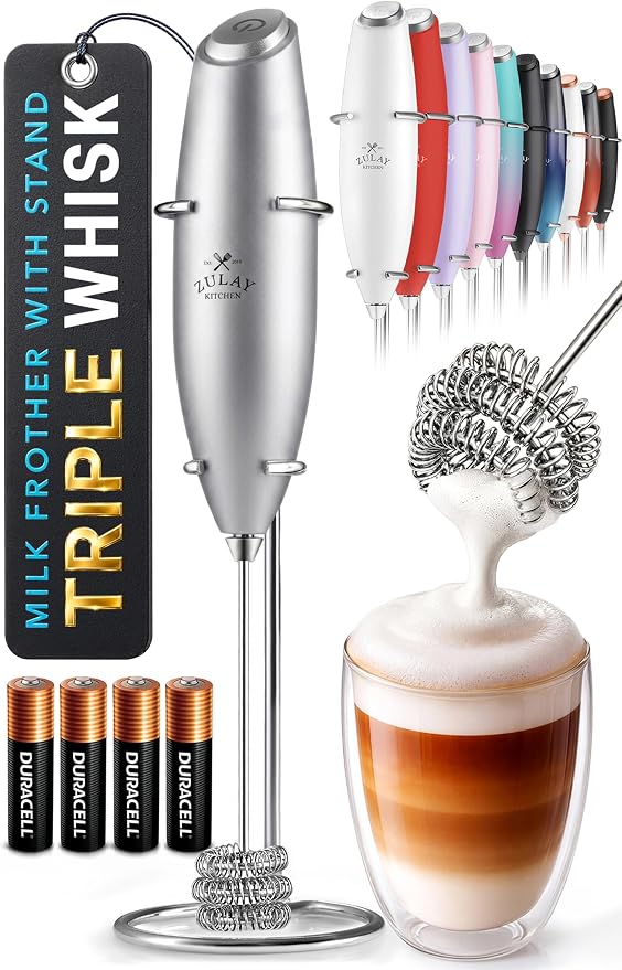 Zulay Kitchen Powerful Milk Frother Wand With Duracell Batteries - Ultra Fast Handheld Drink Mixer - Electric Whisk Foam Maker for Coffee, Lattes, Cappuccino & Matcha - Triple Whisk - Luminous Silver