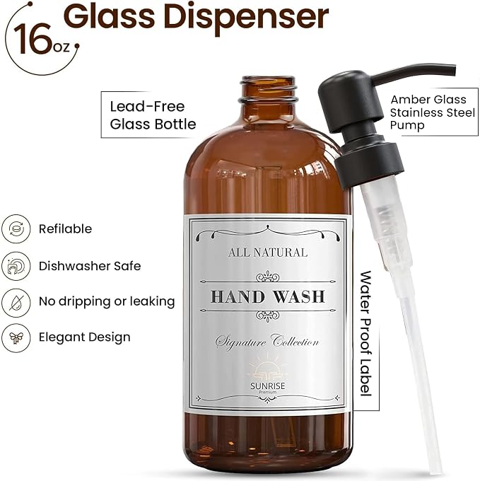 Amber Glass Soap Dispenser, Matte Black Pump, 16 oz | Amber glass, Matte Black Stainless Steel Pump, Bathroom and Kitchen Sink use, 12 Waterproof Labels (Pack of 4)