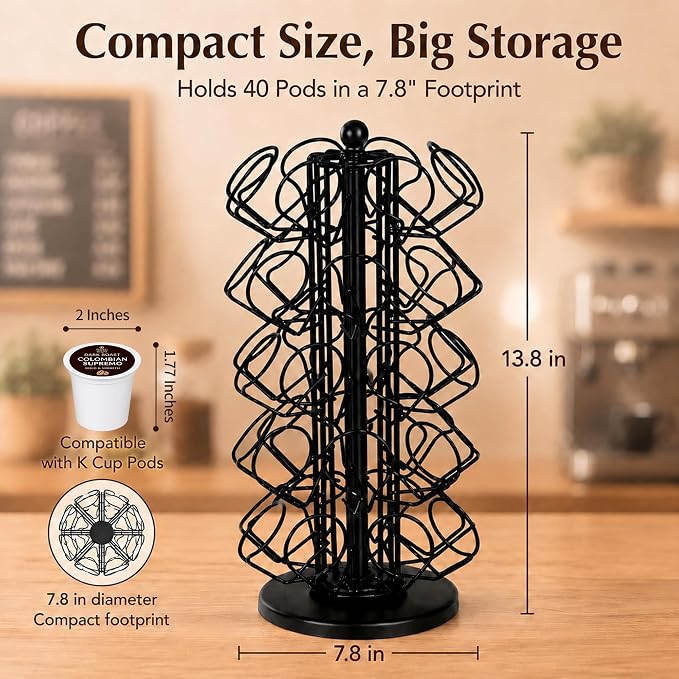 K Cup Holder, Coffee Pod Holder Storage Organizer Stand, 40 Pods Carousel | K Cup Carousel,Polished Top Ball,360°Rotating K Cup Organizer,Stable Base,Space-Saving for Countertop,No Assembly Required