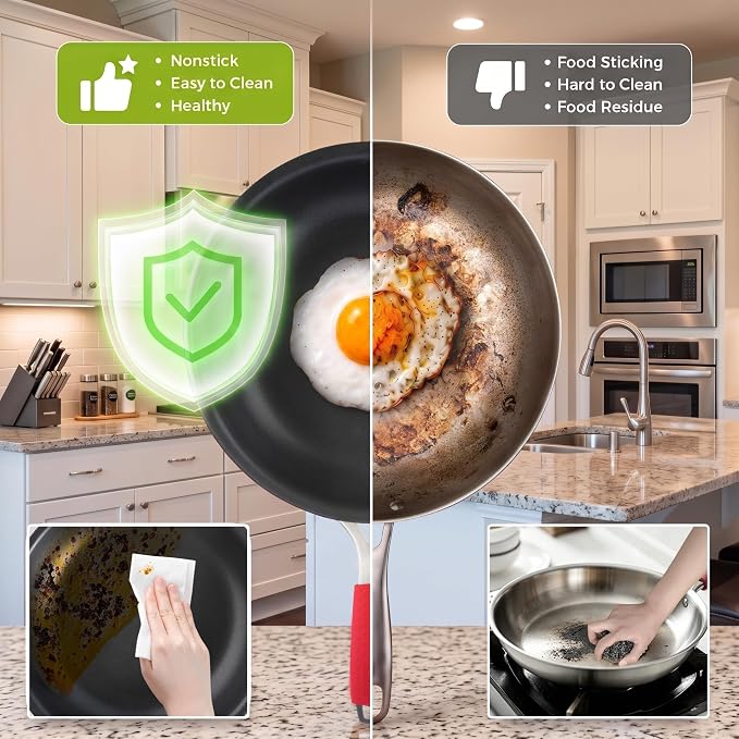 8 Inch Nonstick Frying Pan, Tri-Ply Clad Stainless Steel Skillet with Reinforced Coating, Detachable Handle with Sleeve, Dishwasher & Oven Safe, Induction Compatible, PFOA-Free Fajita Pans