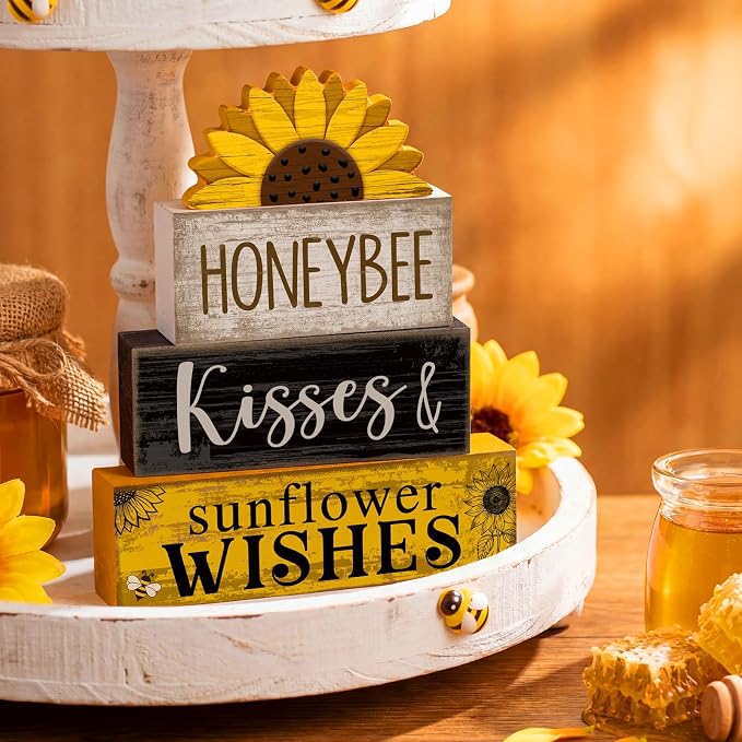 Lineshading 4 Pcs Sunflower Table Decor Farmhouse Summer Tiered Tray Decor | Stackable Rustic Block Signs with Honeybee Sunflower Wishes Theme, Tabletop Shelf Decoration for Farmhouse Gift