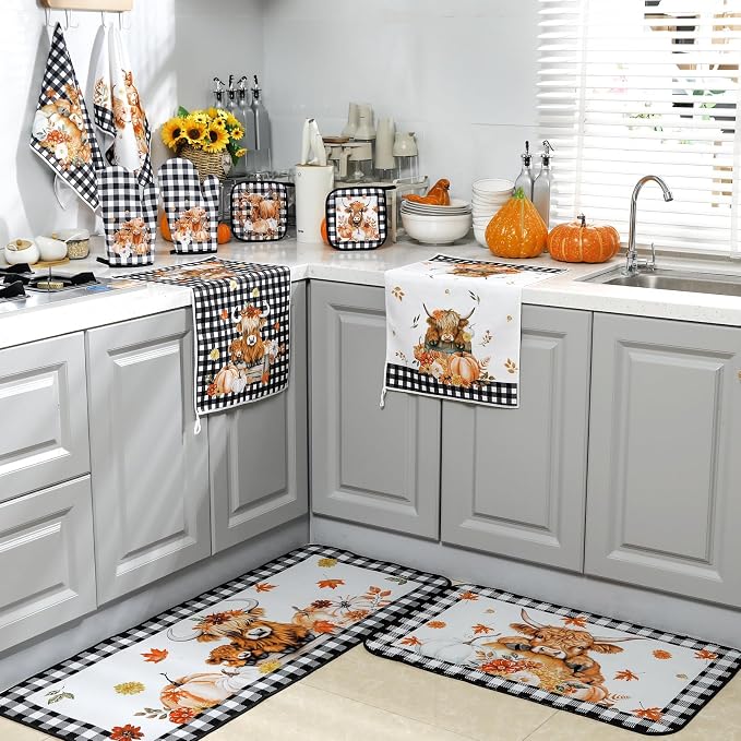 Fourluoo 10 Pcs Kitchen Dish Towels Rugs Oven Mitts and Pot Holders Set Farmhouse Kitchen Decor Set for Women Mom Daughter Gift Cooking Baking Grilling(Warm Color,Highland Cow)