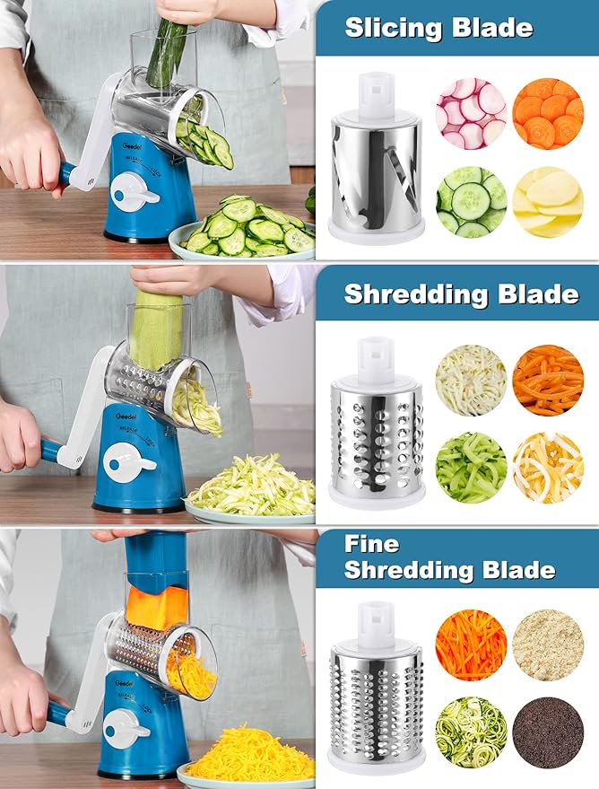 Geedel Rotary Cheese Grater Hand Crank, Cheese Shredder Vegetable Slicer | 5 Blades, 430 Stainless Steel, 12x Fast Cutting, Strong Suction Base, No BPA, Dishwasher Safe, for Cheese, Veggie, Nut