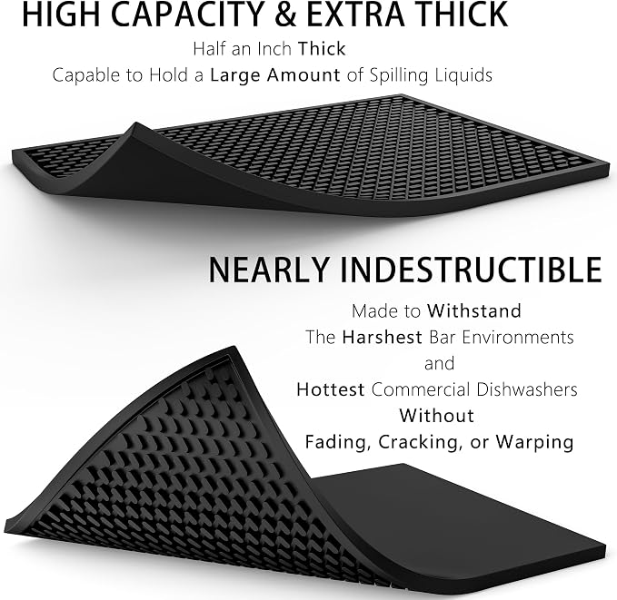 AXIESO Bar Mat 18 x 12 in - Silicone Coffee Bar Mats for Countertop | 1/2 in thick, heat-resistant, food-safe drip mat; non-slip dish drying mat for kitchen counters, restaurants and glassware