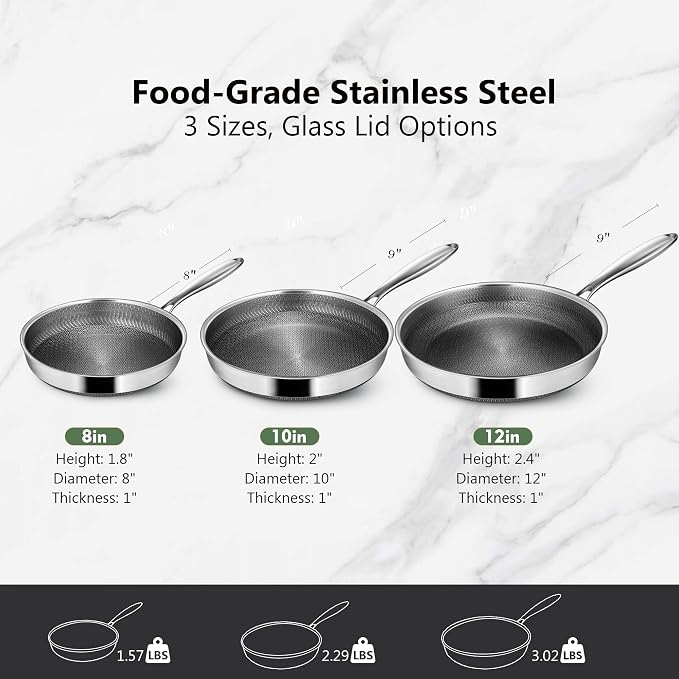 Non Stick Frying Pans, 12-inch with Lid, Hybrid Frying Pans Nonstick Stainless Steel Skillets, Dishwasher & Oven-Safe, Stay-Cool Handle, PFOA Free Cookware, Compatible with All Cooktops