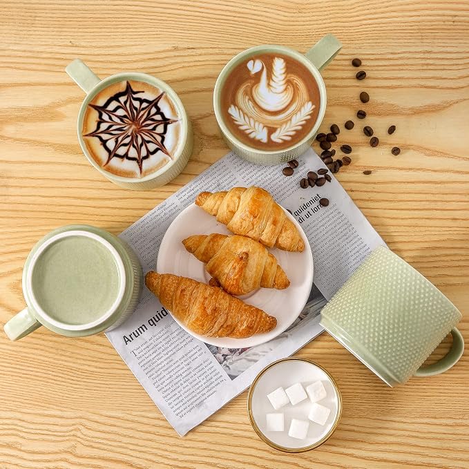 HASENSE Coffee Mugs Set with rack, 15 Ounce Porcelain Stackable Large Coffee Cups Set of 4 with handle for Drinks Like Tea, Cappuccino, Milk, Mocha and Cereal, Microwave & Dishwasher Safe, Green