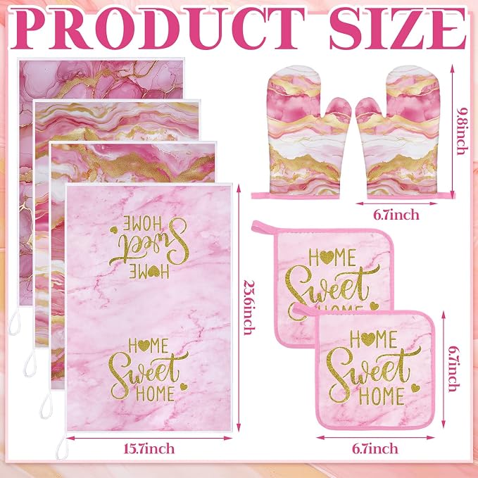 Leinuosen Pink and Gold Marble 8 Pcs Kitchen Towels and Dishcloths Sets Oven Mitts and Pot Holders Absorbent Kitchen Gloves Potholders Heat Resistant for Chef Baking Cooking