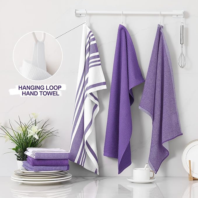 Homaxy Cotton 380 GSM Premium Kitchen Towels, 18"x 28", 9 Pack, Purple | Soft and Absorbent Terry Dish Towels, Multipurpose Tea Towel Set with Hanging Loop, 3 Styles Kitchen Hand Towels