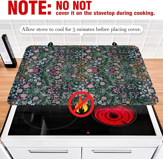 Boho Glass Stove Top Cover for Electric Stoves,Botanical Floral Dark Green Farmhouse Stove Top Cover for Kitchen Decor,Heat Resistant Cooktop Protector Mat,Non-Slip Washable Dish Drying Mat 28"x20"