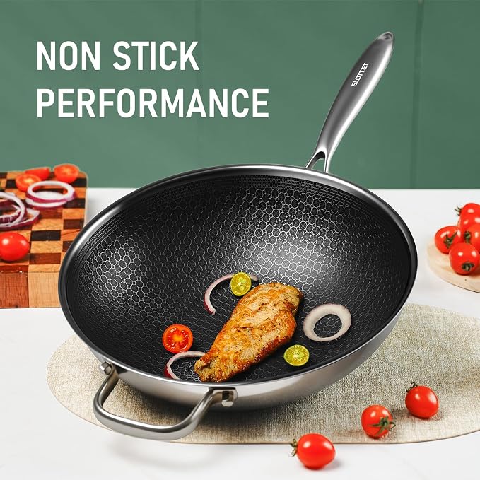 SLOTTET Hybrid 12-Inch Wok with Steamer,Nonstick Stainless Steel Woks & Stir-fry pans with Lid,Stay-Cool Handle,PFOA Free Cookware,Dishwasher and Oven Safe, Works on Induction