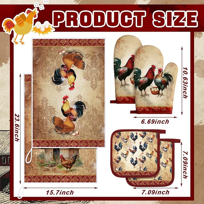 Leinuosen 6 Rooster Farmhouse Kitchen Decor Dish Towels Oven Mitts and Pot Holders Sets Chicken Kitchen Towels Absorbent Decorative Accessories for Cooking Baking Grilling