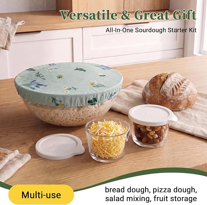 Physkoa 6.3 Qt Glass Sourdough Bowl Kit & 2 Pack 8oz Prep Bowls with Lid | Includes Silicone Lid & Breathable Fabric Cover; Heavy Duty Borosilicate Glass, Perfect for Dough Fermentation & Home Baking