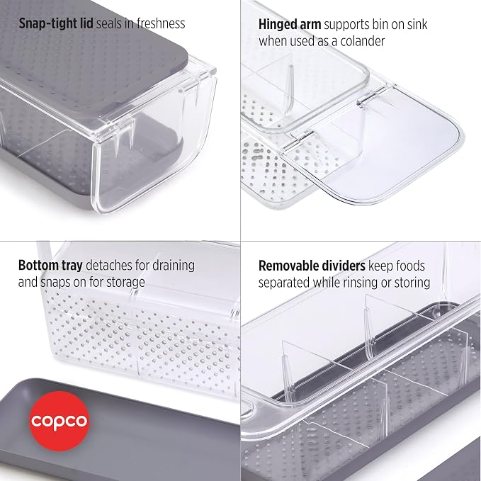 Copco Over the Sink Colander Fridge Storage Bin with Lid - Refrigerator Organizer for Fruits Vegetables Produce - Clear Design with Built-In Handles, Removable Drain Cover