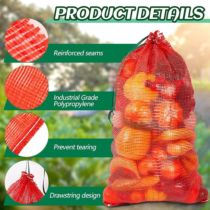 Berlune 50 Pcs Reusable Mesh Bags 18 x 30'' Holds 44 Lbs Onion Fruit Vegetable Seafood Storage Bags for Grocery Packaging Supply Net (Red)