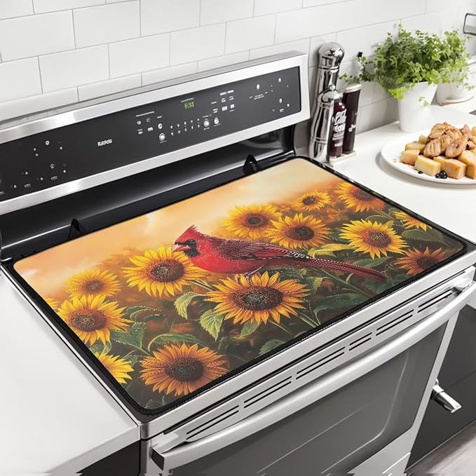 Sunflower Cardinal Stove Top Cover for Electric Stove(30 x21 Inches), Insulation Counter Tops Cover, Heat Resistant Glass Cooktop Protector, Folding Dish Drying Mats for Kitchen Easy to Clean