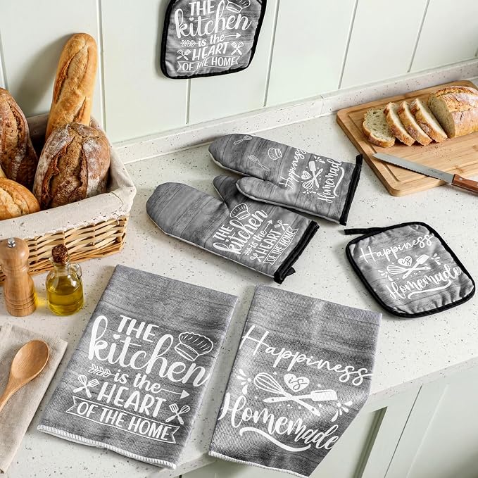 Sratte 6 Pcs Kitchen Decor Accessories Set, Kitchen, Dark Gray Wood | Farmhouse Kitchen Towels Pot Holders Oven Mitts Set 2 Dish Towels 2 Potholders 2 Cooking Mittens for Baking Cooking Supply