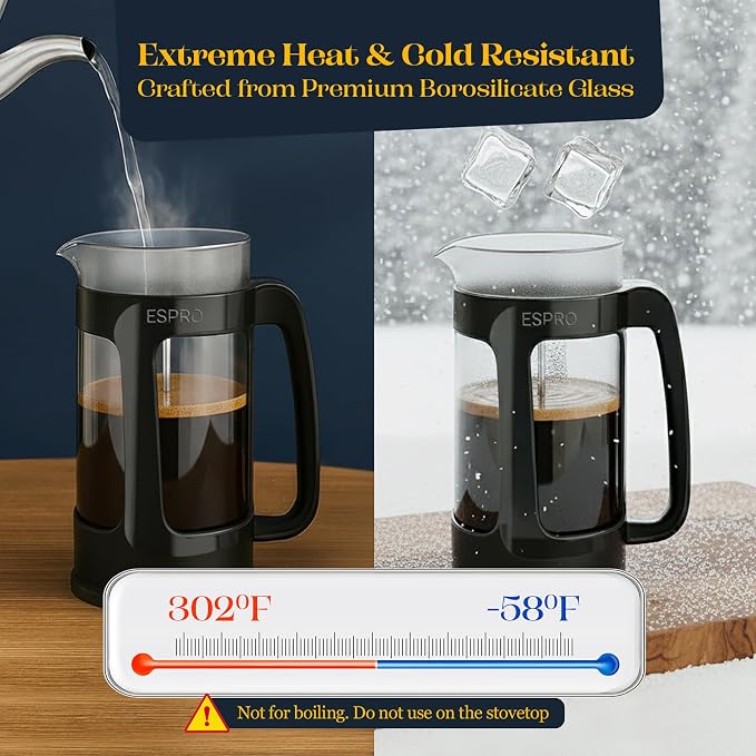 ESPRO P3 French Press Coffee Maker, 32oz, Black, Double Micro Filter Press | Grit-Free Coffee Press, Thicker Borosilicate Heat Resistant Glass french press, Tea Press, Easy Coffee Brewer, Tea Brewer