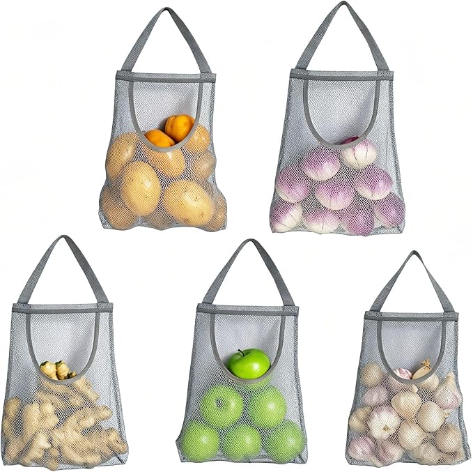 Ahyuan 5 Pack Hanging Mesh Storage Bags For Potatoes,Onions,Garlics,Vegetables Long and Large Reusable Net Storage Tote Bags for Fruit Veggies Green Pepper or Garbage Bag (Gray)
