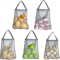 Ahyuan 5 Pack Hanging Mesh Storage Bags For Potatoes,Onions,Garlics,Vegetables Long and Large Reusable Net Storage Tote Bags for Fruit Veggies Green Pepper or Garbage Bag (Gray)