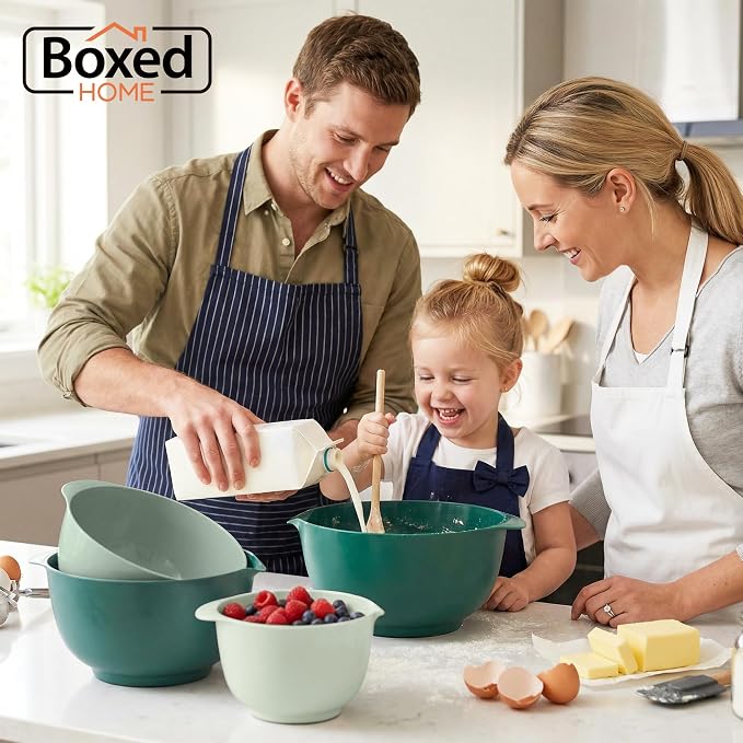 BoxedHome Plastic Mixing Bowl Set of 4, BPA free | 4.5,3.5,2.5 & 1.7qt, Microwave Safe