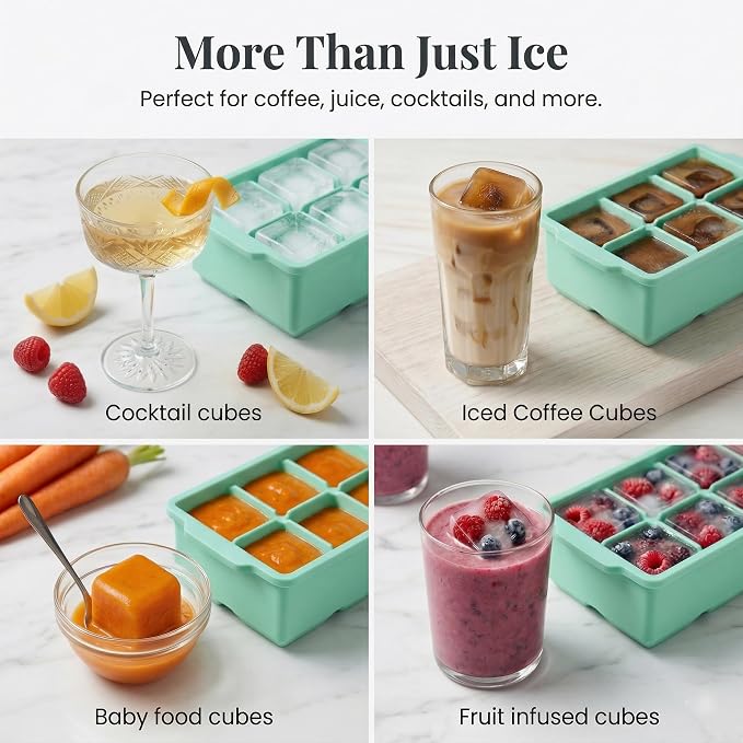 KitchFort® Large Silicone Ice Cube Tray (2-Pack) - 2" Big Ice Mold with Lid | Easy Release, Cocktail, Whiskey Ice Cubes Mold - Food Grade - Ice Cube Trays for Freezer - Stackable Silicone Ice Tray