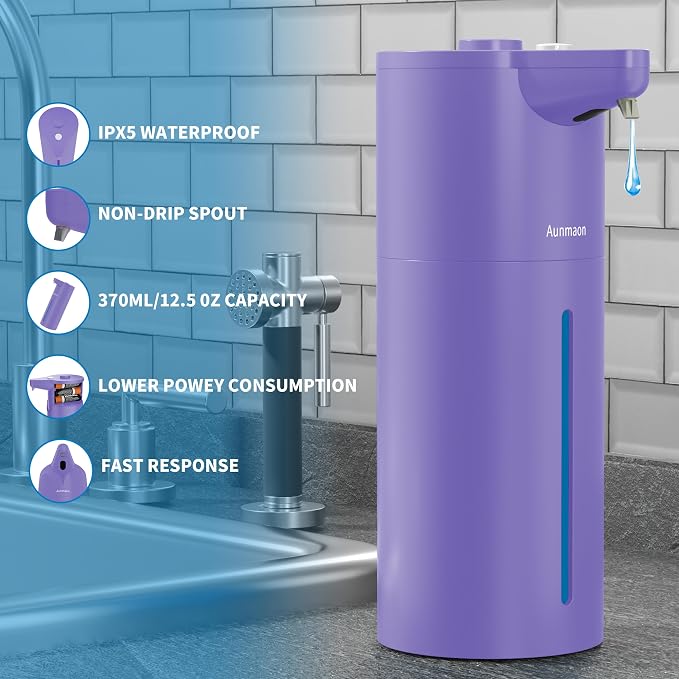 Automatic Soap Dispenser Touchless, Hands-Free, Multi Adjustable Volume, Long Battery Life, Compatible with Thick & Thin Dish/Hand Soap for Bathroom and Kitchen, Easy for Toddlers, Purple