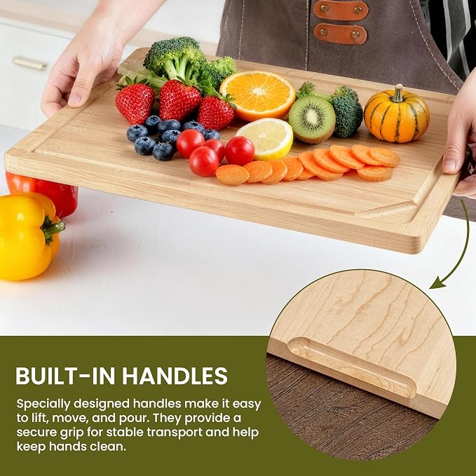 USA-Sourced Maple Wood Cutting Board for Kitchen (12”x8”x0.8”) Pre-Oiled Wooden Chopping Board, Maple Wood Grain Reversible Butcher Block with Juice Groove & Handlers