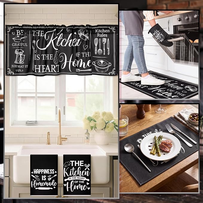 Fourluoo 16 Pcs Kitchen Decor Set, Farmhouse Kitchen Towels and Dishcloths Black White Quote Non Slip Rugs Mats for Floor Oven Mitts and Pot Holders Placemats Curtains Set for Home Decor Gift