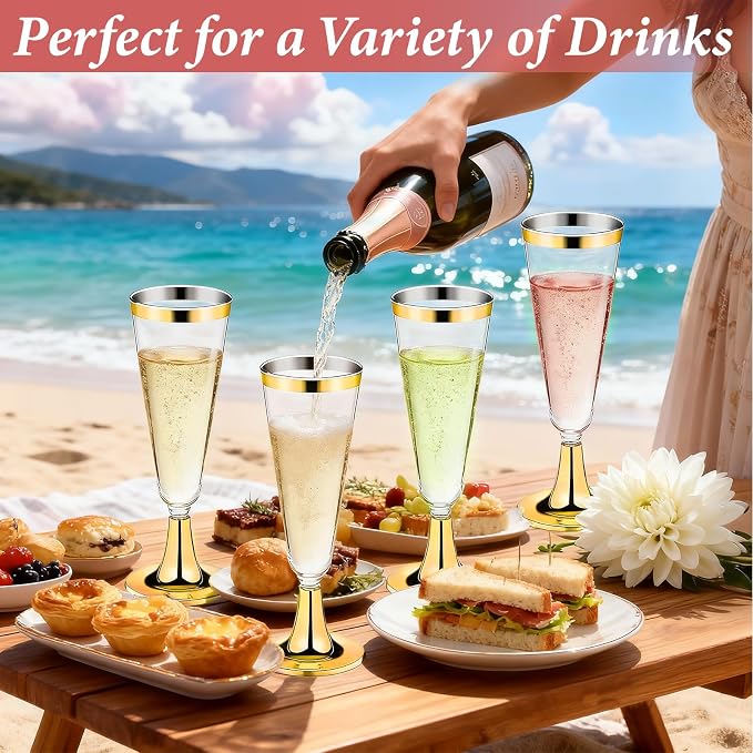 GuanQiao 100 Pack Plastic Champagne Flutes with Gold Rim Gold Bottom, 5.5 Oz Clear Disposable Plastic Champagne Glasses, Wine Glasses Cups for Wedding Celebration New Years Eve Party Supplies