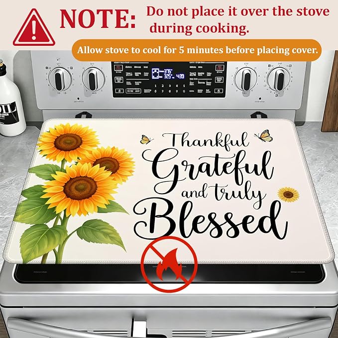 Sunflowers Glass Top Stove Cover Protector,Thankful Grateful Stove Top Covers for Electric Stove,Washable Heat Resistant Cooktop Mat Anti-Slip Range Covers, 28 x 20 Inch