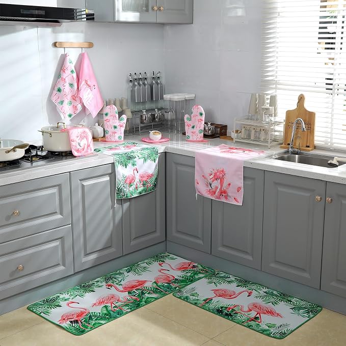 Fourluoo 10 Pcs Flamingo Kitchen Dish Towels Rugs Oven Mitts and Pot Holders Set Farmhouse Kitchen Decor Set for Women Mom Daughter Gift Cooking Baking Grilling(Cute Pink)
