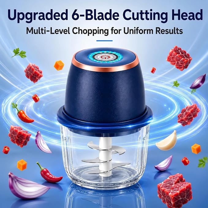 Electric Garlic Chopper, 350ml Mini Food Processor with 6 Stainless Steel Blades & Thickened Glass Bowl, USB Rechargeable Portable Food Grinder for Garlic, Onion, Nuts, Meat, Chili & Fruit(Blue)