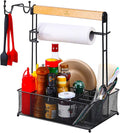 VIKEYHOME Grill Caddy, Picnic BBQ Organizer for Camping | Outdoor Mesh Basket with 3 Hanging Hooks and Paper Towel Holder, Ideal Table Storage Tools for RV Camper/Tailgating/Flatware
