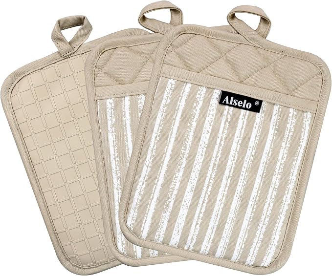 Alselo Silicone Pot Holders Set of 3 Heat Resistant & Non Slip Potholders | Professional Oven Hot Pads with Pockets Mitts for Kitchen Cooking Baking Barbecue (Khaki, 3)